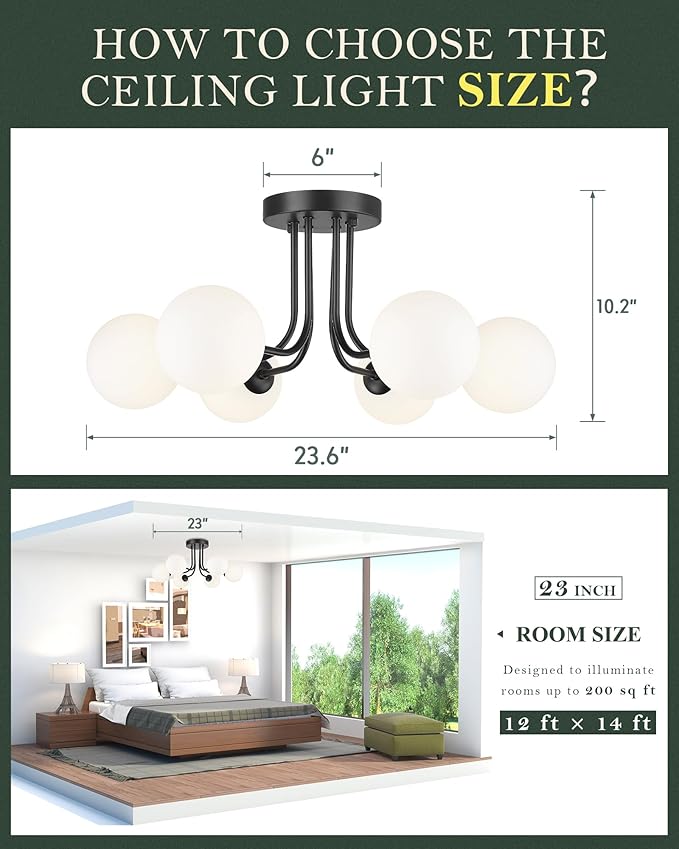 Matte Black Semi Flush Mount Ceiling Light in Modern Farmhouse Design Features 6 Frosted Glass Shades, Ideal for The Living Room, Bedroom, or Dining Room. Model:CKCL4845-6W-BK