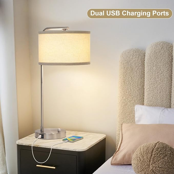 Table Lamp for Living Room, Modern Bedside Lamp with USB C+A Ports, Fully Dimmable Nightstand Lamp with Beige Drum Shade, Silver Finish Side Table Lamp for Bedroom Office, 3000K LED Bulb Included