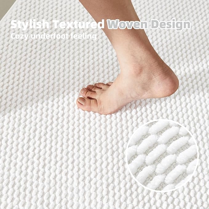 Bathroom Runner Rugs Non Slip Washable Chenille Bath Rug Super Absorbent Long Bath Mat Quick Dry Low Pile, White 24"x70