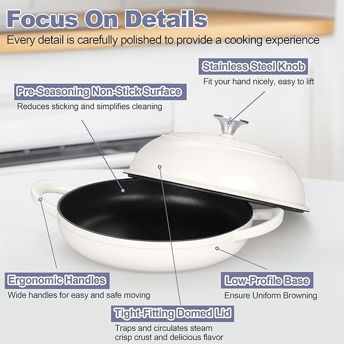 TeamFar Cast Iron Bread Dutch Oven, 6 Qt Enameled Dutch Oven Pot for Sourdough Bread Baking, with Tall Dome Lid & Round Base Pan, Self-Basting & Even-Heating, Heavy-Duty & Non-stick, White