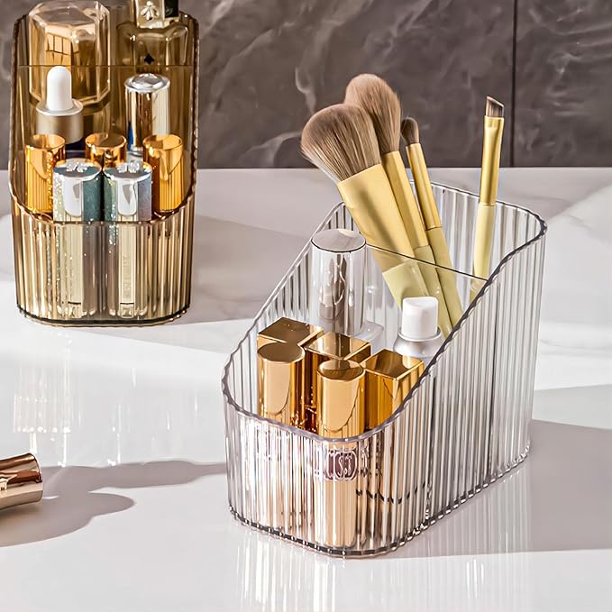 DASITON Large Capacity Makeup Brush Holder,3 Slot Makeup Brush Cup,Vintage striped Make Up Brush Holder,for Vanity Decor,Bathroom Countertops,Desk Storage Container,Cosmetic Display cases(Clear-S)