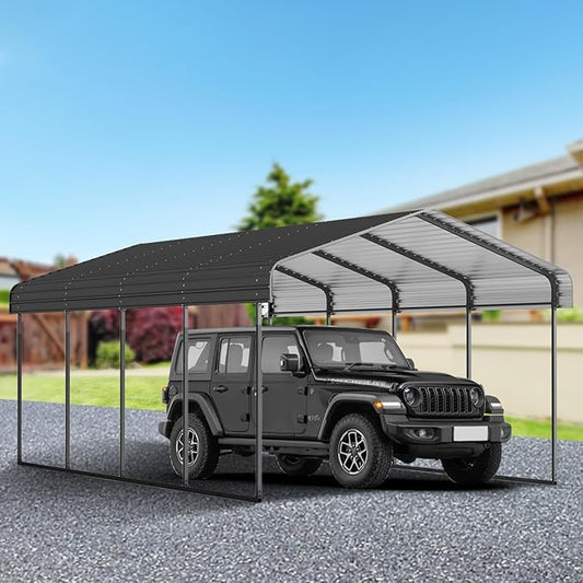 12x20 FT Metal Carport, Heavy Duty Car Port Canopy with Galvanized Steel Roof & Frame, Large Metal Carport Kit, Steel Car Shelter, Outdoor Car Garage for Car, Boat, Truck, Black