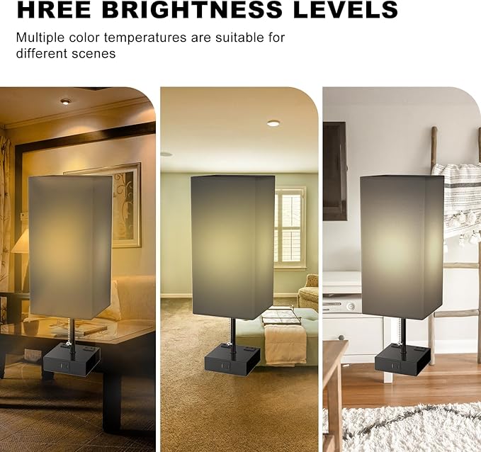 Table Lamp for Bedroom with USB,Bedside Lamp with USB C+A Charging Ports,Adjustable 3color LED Light for Home Decor/Nightstand/Office,Included Bulb and Fabric Lamp Shade (Linen Black, 1PCS)