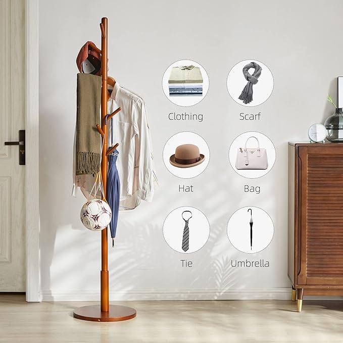 Wood Coat Rack Freestanding, Coat Stand with 8 Hooks, Kids Coat Tree with 3 height options and Sturdy Base, Rustic Coat Rack Small Hall Tree Brown YD-1008
