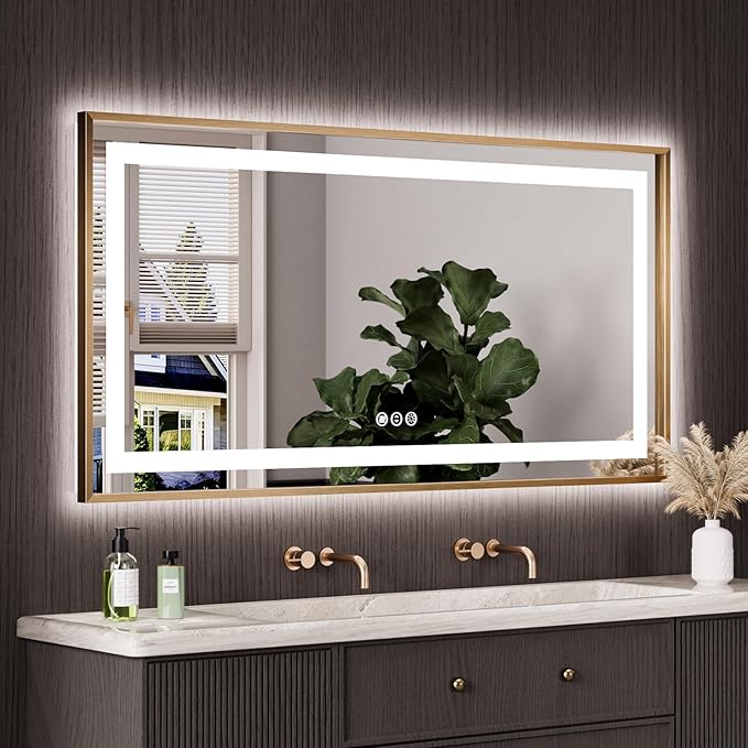 Amorho 60"X30" LED Bathroom Mirror, Gold Metal Framed Mirror with Front Light and Backlit, Stepless Dimmable, Anti-Fog, Shatter-Proof, Memory, 3 Colors