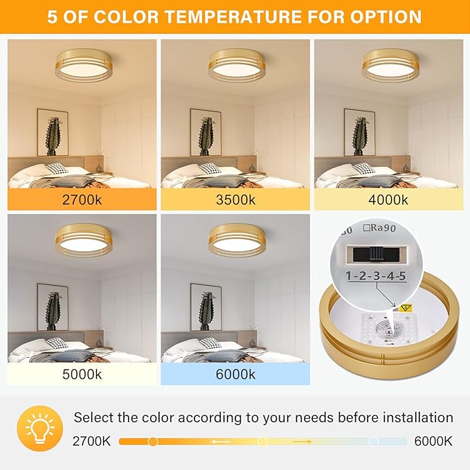 Dimmable Gold Flush Mount Ceiling Light, Modern Round LED Ceiling Lights Fixture, Kitchen Flushmount Light for Bedroom Hallway Laundry Room 2700 K-6000 K 5CCT