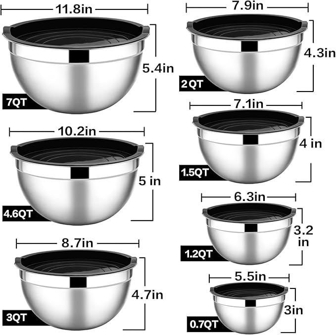 E-far Stainless Steel Mixing Bowls with Airtight Lids, 7-Piece Metal Nesting Bowls with Black Lids for Saving Storage Space, Size 7, 4.6, 3, 2, 1.5, 1, 0.7QT, Great for Baking/Cooking/Prepping