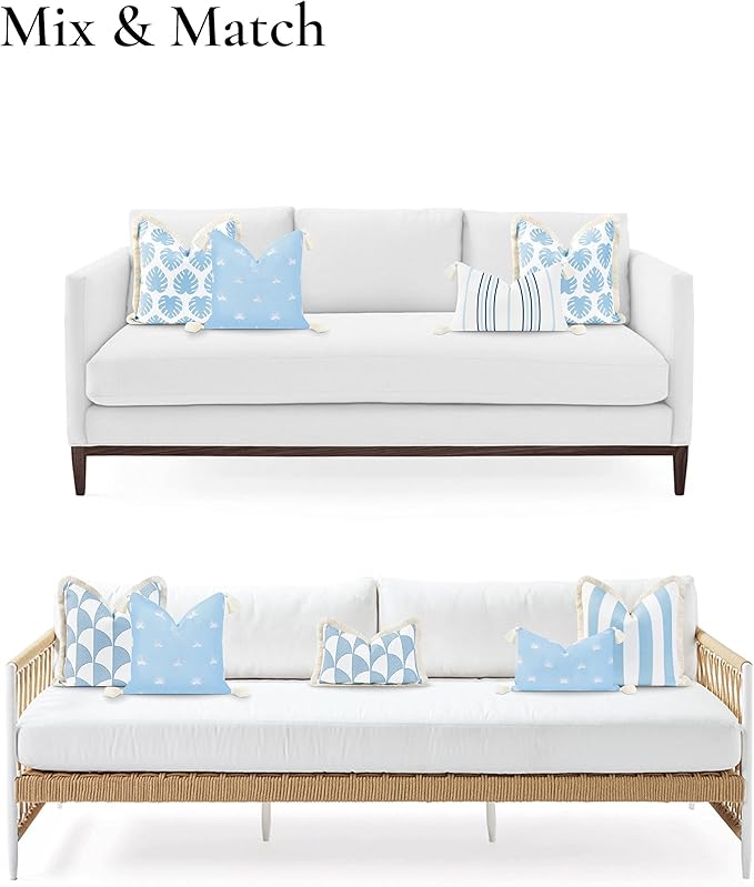 Hofdeco Premium Coastal Hampton Style Patio Indoor Outdoor Throw Pillow Cover Only, 18"x18" Water Repellent Summer for Backyard, Couch, Baby Blue Embroidered Palm Leaf Tassel