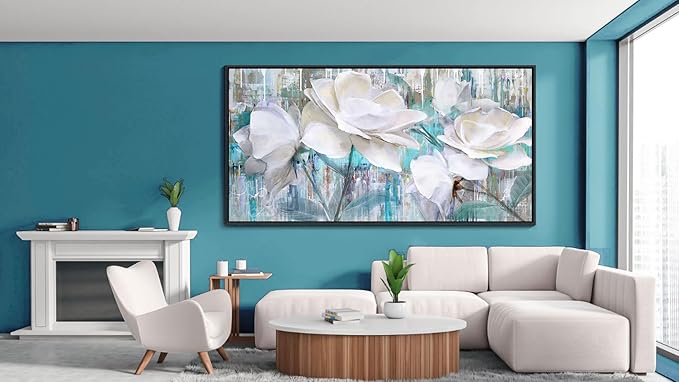 Large Flower Pictures Wall Art White Floral Modern Painting Wall Decor for Living Room Framed Artwork for Walls Bedroom Wall Decor Above Bed 20×40IN