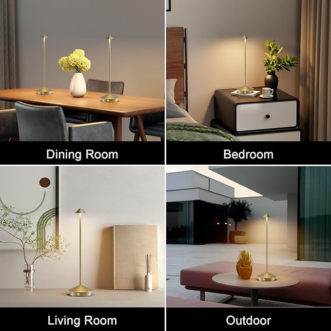 2-Pack 6000mAh Rechargeable Led Table Lamp Cordless,3000K-6000K Stepless Dimming Touch Lamps with Memory Function,IP54 Waterproof Aluminum Table Light for Outdoor/Bars/Restaurant/Patio(Gold)