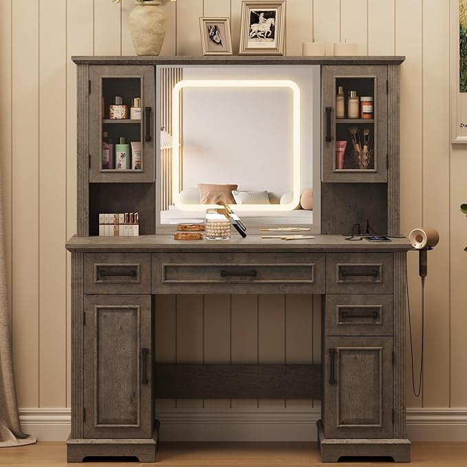 Maupvit Farmhouse Vanity Desk with Mirror and Lights, Makeup Vanity Table with Charging Station, 45" Bedroom Table with 4 Drawers and Cabinets, 3 Lighting Modes, Grey