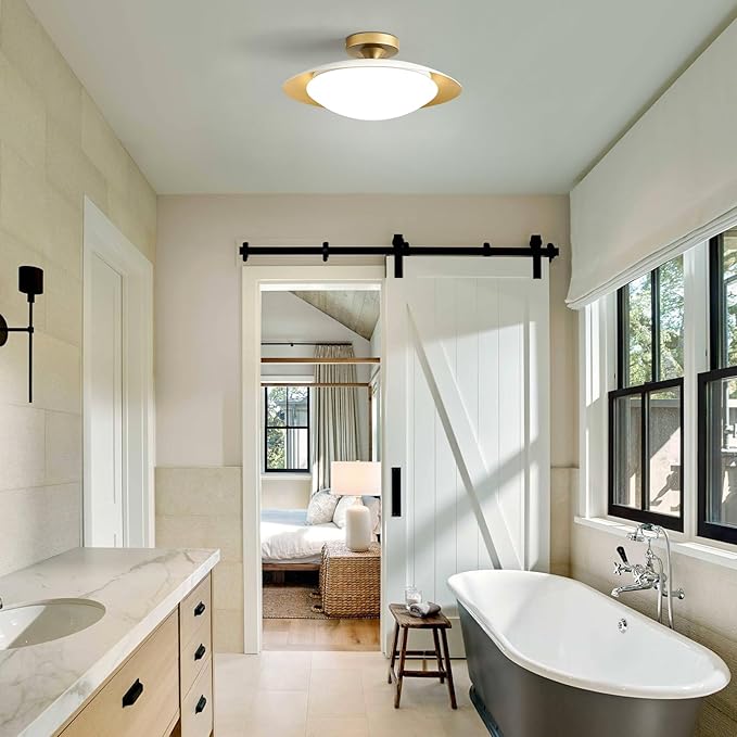 Dimmable Mid Century Modern Semi Flush Mount Ceiling Light with Acrylic Shade,White Gold LED Ceiling Light,5CCT 2700K-6000K Light Fxiture for Hallway Bedroom Kitchen Laundry Room Living Room 15.7 in