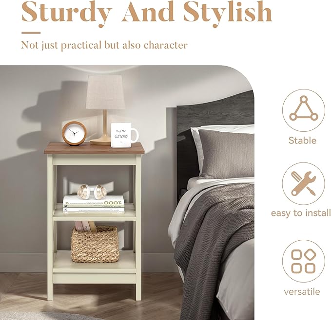 ALPHA HOME Side Table, Farmhouse End Table Set of 2, Bedside Table 3-Tier Storage Shelf for Small Spaces, Sofa Couch Table, Coffee Table, Nightstands Set for Living Room, Bed Room, Ivory