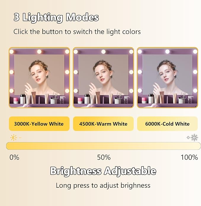 Small Vanity Desk with Mirror and Lights, Makeup Vanity Desk with Adjustable Brightness 3 Light Modes, RGB Storage Cabinet, Power Outlet, Drawer, Shelves (Lavender Mist)