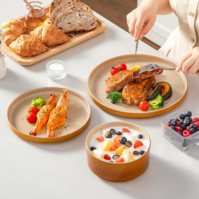 vancasso ONION Ceramic Plates and Bowls Sets, 24 Pieces Brown Dinnerware Sets for Kitchen, Reactive Glaze Dishes Set for 8, Dishwasher and Microwave Safe