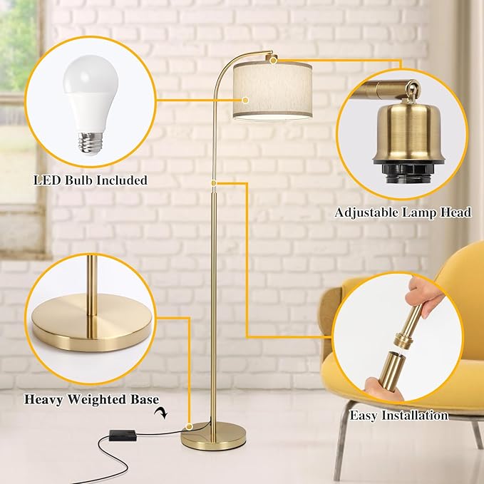 Boncoo LED Floor Lamp Fully Dimmable Modern Standing Lamp Arc Floor Lamp with Adjustable Drum Shade, Tall Pole Reading Lamp Light for Living Room Bedroom Study Room, Bulb Included