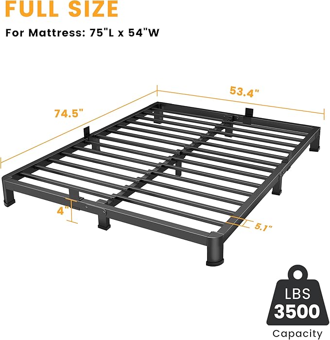 4 Inch Full Bed Frame Low Profile, Heavy Duty Metal Platform Bed Frame with Round Corner Legs, Sturdy Mattress Foundation, No Box Spring Needed, Easy Assembly, Noise Free, Black