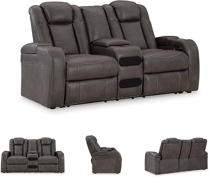 Signature Design by Ashley Fyne-Dyme Contemporary Power Reclining Loveseat with Console, USB Charging Ports and Adjustable Headrest, Gray