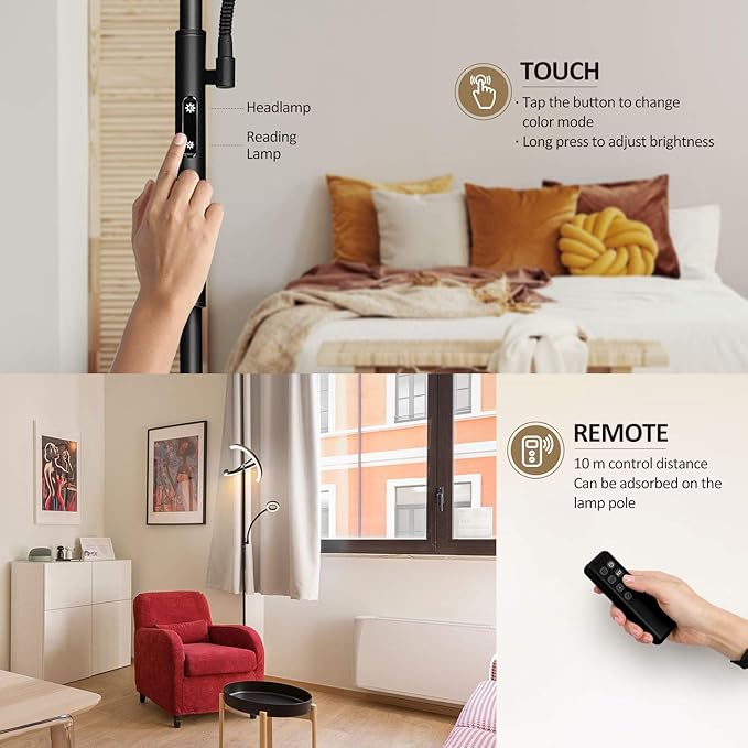 FIMEI Split Floor Lamp Modern LED Rotatable Floor Lamp with Reading Light, Eye-Protection Reading Standing Lamp with Stepless Dimming and 3000K-6000K Color, Separately Rotatable Design, Black