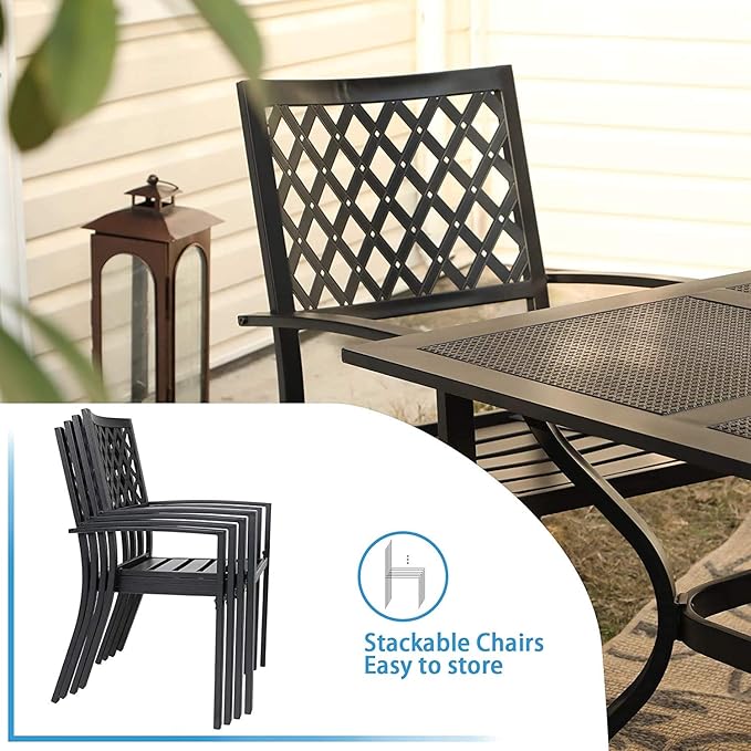 PHI VILLA Patio Dining Set Wrought Iron Outdoor Table and Chairs Furniture Set 5 Piece, 37" Square Bistro Table with Umbrella Hole and 4 Backyard Garden Chairs Support 300LBS for Deck, Lawn, Garden