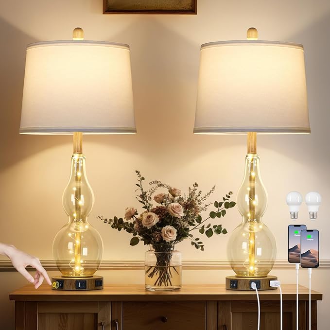 27.5" Clear Glass Table Lamp Set of 2 with Night Light,Bedside Lamps with USB Ports and AC Outlet, Modern Nightstand Lamps Retro Farmhouse lamp for Bedroom Living Room