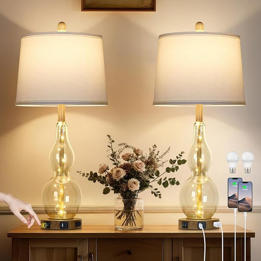 27.5" Clear Glass Table Lamp Set of 2 with Night Light,Bedside Lamps with USB Ports and AC Outlet, Modern Nightstand Lamps Retro Farmhouse lamp for Bedroom Living Room