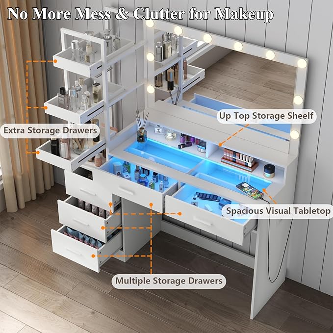 White Vanity Desk with Mirror and Lights, 8 Drawer Makeup Vanity Table with Glass Top, Power Outlets and RGB Lights, Women & Girls Dressing Table with Lighted Mirror（Stool Not Included）
