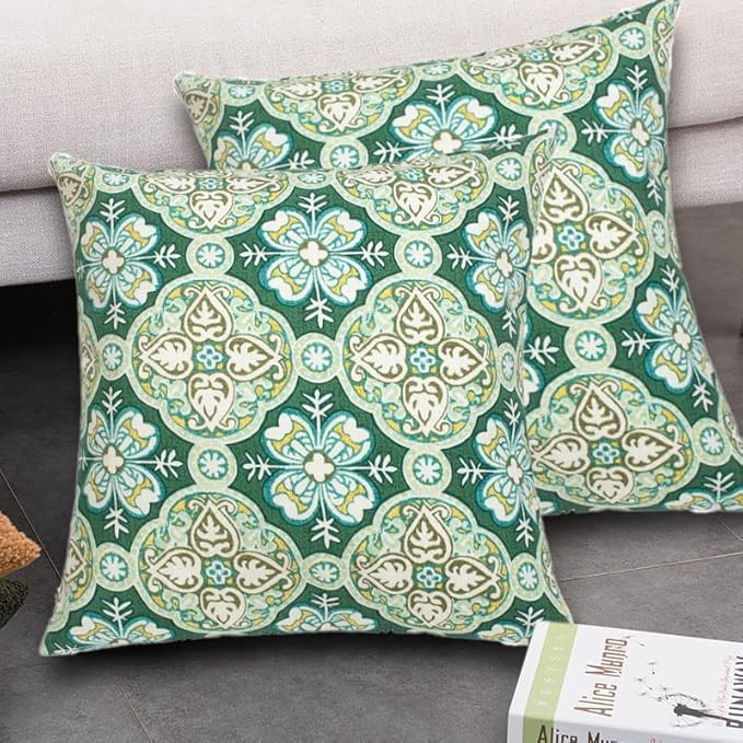 FUNHOME Outdoor Pillow Covers ONLY, No Insert! Pack of 2 Square Throw Pillow Covers, Decorative Water-Repellent Modern Cushion Cases for Sofa Patio Couch Decoration 18 x 18 Inch-Green Medal