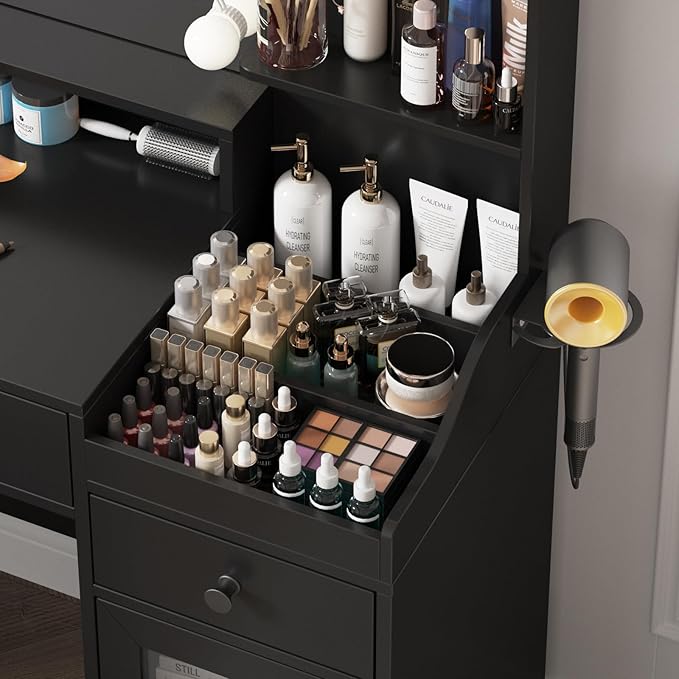 Vabches Vanity with Mirror and Lights,Makeup Vanity Table with Charging Station,Dressing Table with Stool & 3 Storage Compartments,3 Color Modes Available for Bedroom,Black