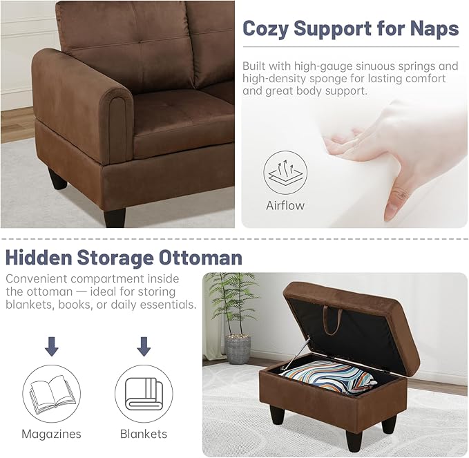 L-Shape 3-Piece Cloud Sofa, Couch for Living Room, Chocolate Flannel Fabric L-Shape with Reversible Chaise & Storage Ottoman, Ergonomic 110–115° Recline, Solid-Wood Frame