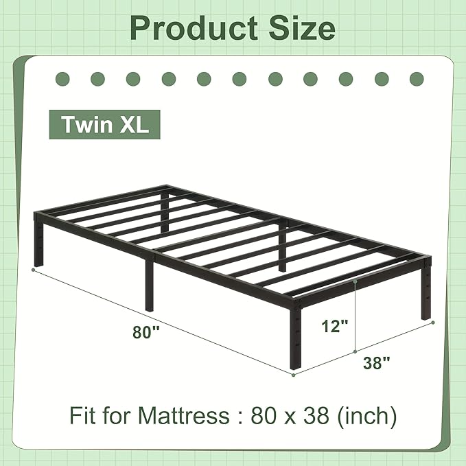 12 Inch Twin XL Size Bed Frames, Heavy Duty Metal Bed Frame Twin XL, No Box Spring Needed, Easy Assembly, Noise-Free, Black
