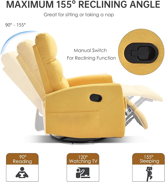 360° Swivel Recliner Chairs for Small Spaces, A Recliner with Side Pockets, Small Rocker Recliner for Living Room, Bedroom, Orange-Yellow Recliner Chair for Adults