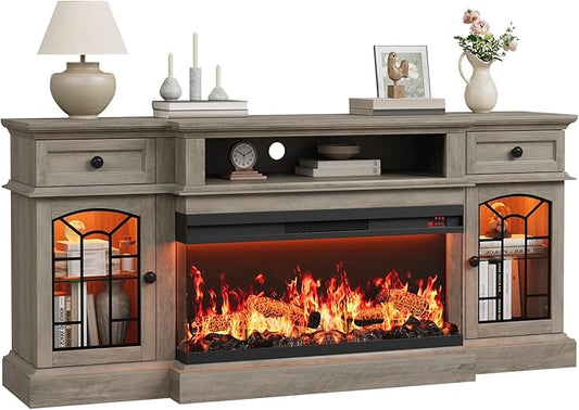 QUW 70" Farmhouse Fireplace TV Stand for TVs up to 80", Entertainment Center with 36" 3-Side Glass Electric Fireplace with Open Shelf and Cabinet, TV Console for Living Room, Grey