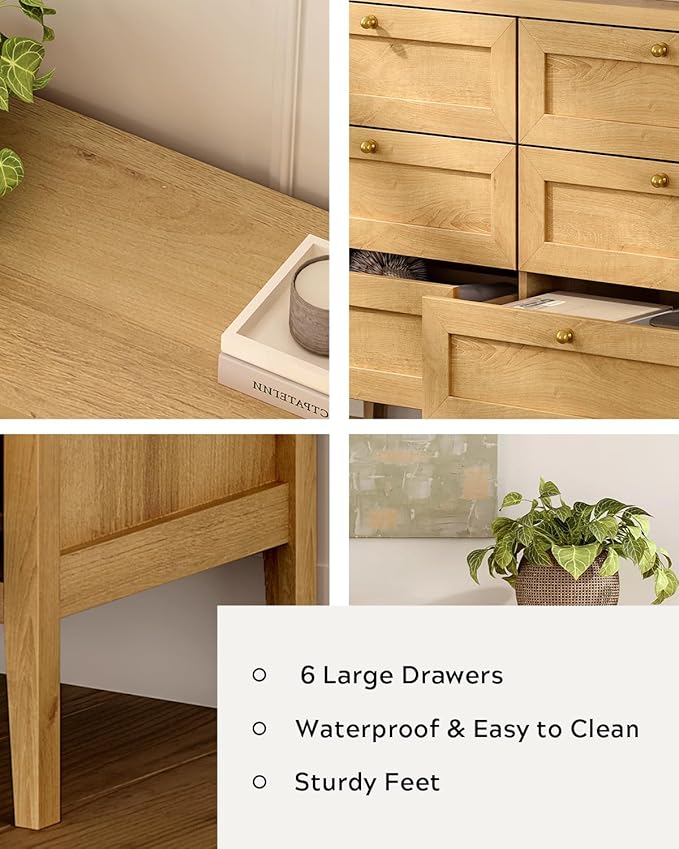 Mid Century Modern 6 Drawer Dresser for Bedroom 47" Wide Chest of Drawers Wooden Storage Dresser Organizer TV Stand for Living Room, Hallway, Natural Oak