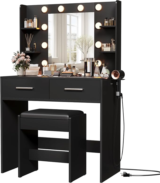 Furmax Make up Vanity Desk with Mirror and Power Outlet, Vanity with 3 Color Light Options Adjustable Brightness,Vanity Desk with 2 Drawers, 6 Storage Shelves (Black, with Bench)