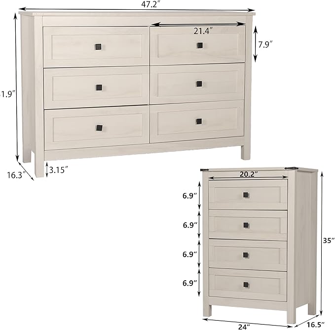 Farmhouse 6 Drawer Dresser and Double Dresser Chest of Drawers Wide Storage Organizer for Bedroom, Living Room, Rustic Beige