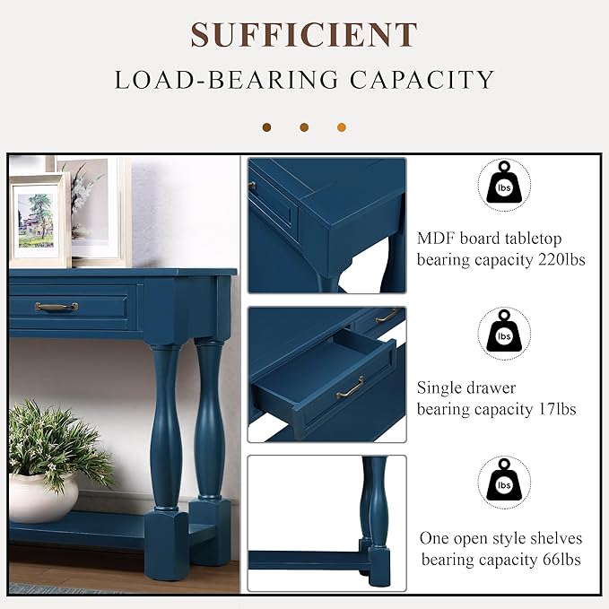 63inch Solid Wood Console Table with 3 Drawers and 1 Bottom Shelf Extra-Thick Sofa Table (Navy Blue)