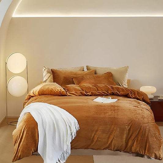 Cottonight Pumpkin Velvet Comforter Set Queen Rust Orange Bedding Comforter Set Full Flannel Burnt Orange Quilts Soft Thick Warm Terracotta Fluffy Plush Comforter Set for Women Men Queen Bed