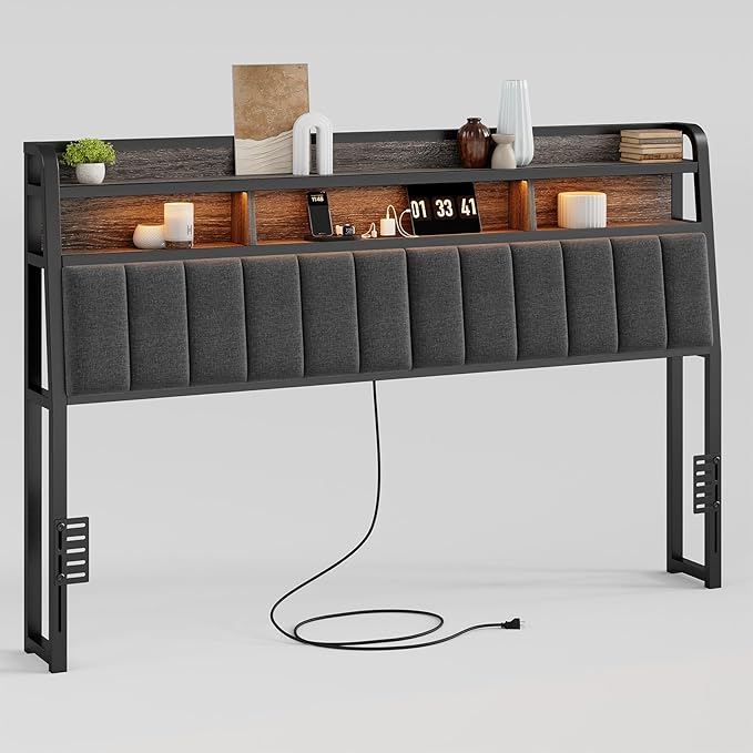 Ergonomic Headboard for King Size Bed with 2-Tier Storage, Upholstered Headboards with Outlets, USB Ports, LED Light, King Head Board Only, Height Adjustable, Sturdy and Stable, Black & Grey