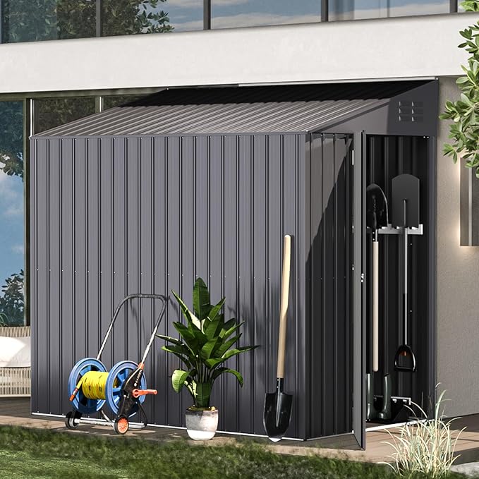 AECOJOY 4' x 6' Lean to Shed, Small Metal Outdoor Storage Shed, Wall Side Sheds & Outdoor Storage Cabinet Clearance, Bike Shed for Garden, Backyard and Outdoor Use in Dark Grey