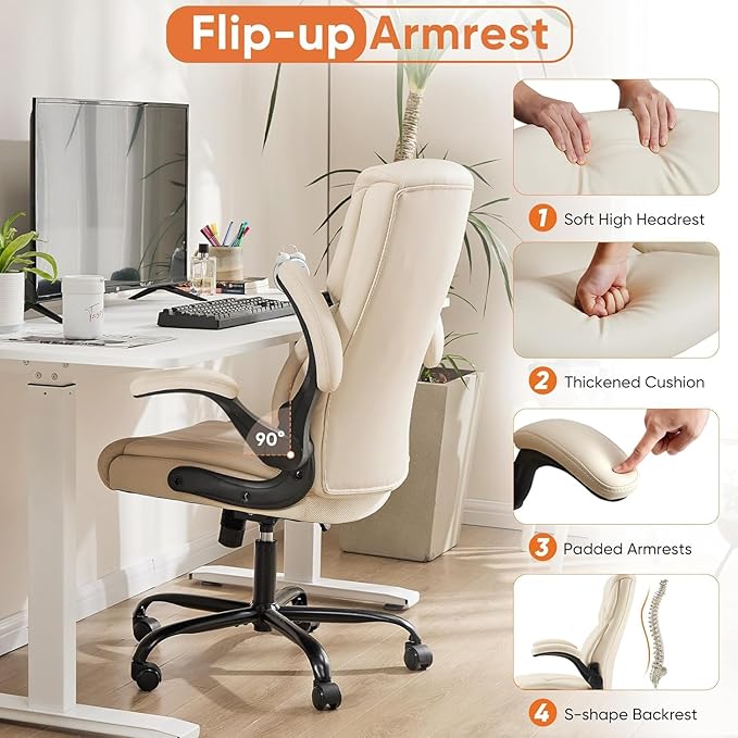 Sweetcrispy Ergonomic Office Chair Heavy Duty Task Desk Chair with Flip-up Arms, PU Leather, Adjustable Swivel Rolling Chair with Wheels, Beige