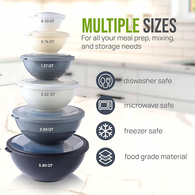 Zulay Kitchen 12 Piece Plastic Mixing Bowls with Leak-Proof Lids Set - Microwave and Freezer Safe Kitchen Mixing Bowls for Preparing, Serving and Storing - Large Nesting Bowls (Midnight Ombre)