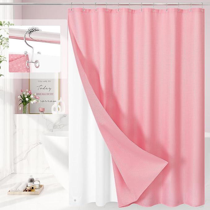 3 in 1 Shower Curtain Set, Pink Waffle Shower Curtain and PEVA Liner Set with 12 Stainless Steel Shower Curtain Hooks, Waterproof Fabric Shower Curtains for Bathroom, 72 W x 72 H