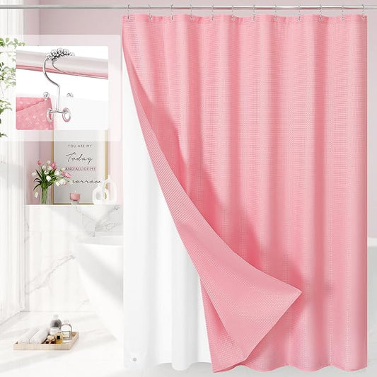 3 in 1 Shower Curtain Set, Pink Waffle Shower Curtain and PEVA Liner Set with 12 Stainless Steel Shower Curtain Hooks, Waterproof Fabric Shower Curtains for Bathroom, 72 W x 72 H