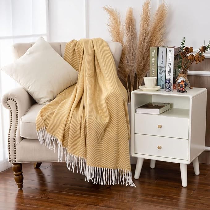 Gealaek Decorative Herringbone Faux Cashmere Throw Blanket Yellow Cheveron Fringe Lightweight Fuzzy Soft Cozy Throws for Sofa Bed Farmhouse Throw Blanket 50" x 60"