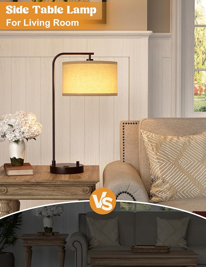 Brown Side Table Lamp with USB Port and Outlet, Dimmable Nightstand Bedside Lamps with Linen Lampshade, Desk Lamp for Bedroom, Living Room, Guest Room, Home Office, LED Bulb Included