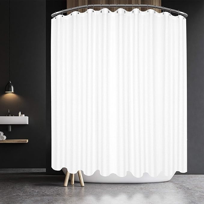 Barossa Design Extra Wide Waffle Weave Shower Curtain 144 x 72 Inch - 230GSM Heavy Fabric, Washable, Water Repellent, Spa, White, 24 Holes