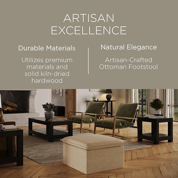 Maven Lane Claude Large Square Rustic Upholstered Ottoman, Cushioned Footrest for Living Room Couch, Chair, or Dorm Room in Taupe Fabric Upholstery