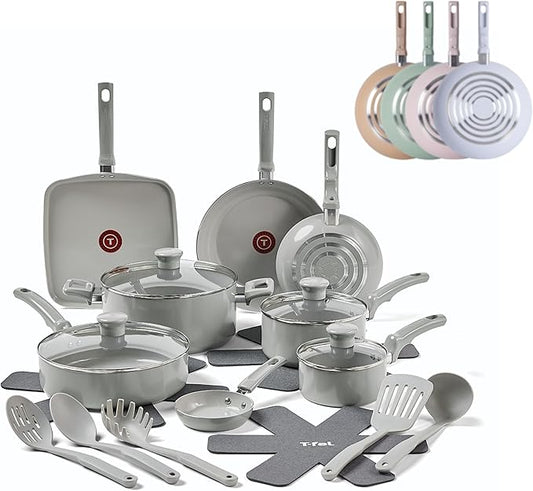 T-Fal Refresh Ceramic Pots and Pans Set, 20-Piece Nonstick Cookware Set, Stockpot, Griddle, Frying Pans, Utensils, Moon Grey
