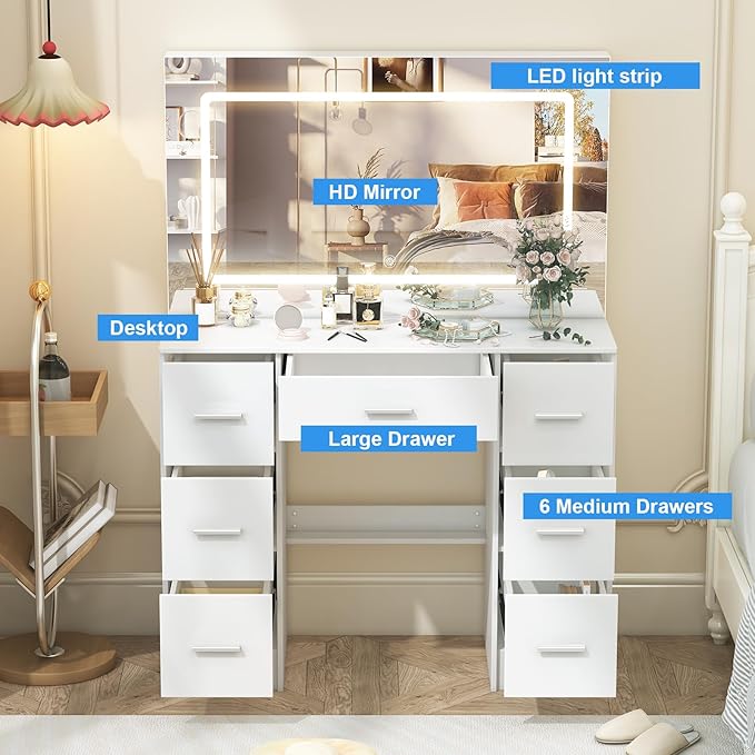 Vanity Desk with Mirror and LED Lights, 40" W Makeup Vanity Desk with 7 Drawers and Super Large Mirror, Derssing Table with 3 Color Modes and Adjustable Brightness, Modern Makeup Table